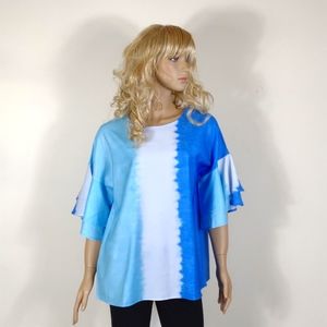 Women's Large blue & white tie-dye tiered ruffle belles sleeve blouse